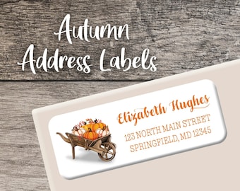 Autumn Return Address Labels, Fall Leaves Labels, Personalized Pumpkin Address Label, Custom Label Sheet, Digital or Printed, Wheelbarrow