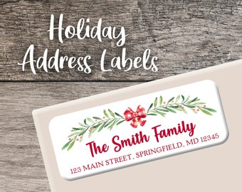 Christmas Return Address Labels Winter Branches Holiday Label Personalized Address Label Custom Digital Printed Holly Berries Country Bow