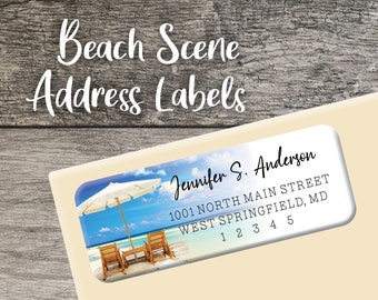 Beach Return Address Labels 003 Beach Chair Personalized Address Label Custom Sheet Digital Printed Tropical Ocean Sunset Wedding Shower