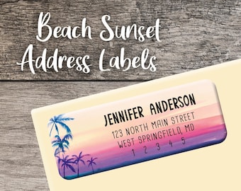 Beach Return Address Labels 005 Tropical Sunset Personalized Address Label Custom Digital Printed Tropical Ocean Palm Tree Wedding Shower