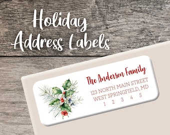 Holiday Return Address Labels Christmas Label Personalized Custom Digital Printed Watercolor Holly Berries Pine Winter Greenery Branches