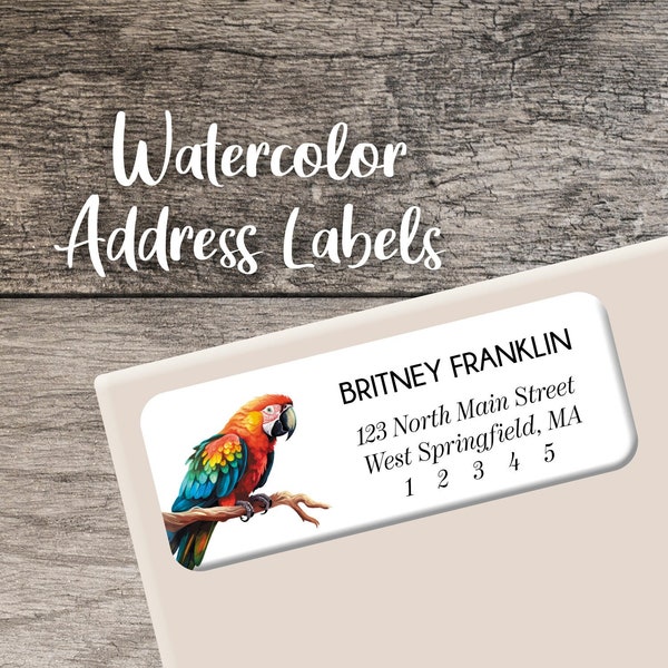 Parrot Return Address Labels 008 Watercolor Macaw Parrot Heart Label Personalized Address Label Custom Digital Printed Tropical Bird