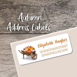 Autumn Return Address Labels, Fall Leaves Labels, Personalized Pumpkin Address Label, Custom Label Sheet, Digital or Printed, Wheelbarrow