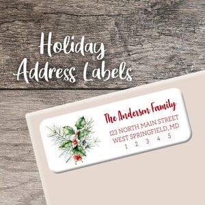 Holiday Return Address Labels Christmas Label Personalized Custom Digital Printed Watercolor Holly Berries Pine Winter Greenery Branches