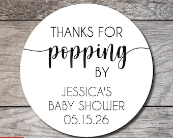 Thanks For Popping By Label, Personalized Thank You Favor Sticker, Popcorn Wedding Favor, Baby Shower Circle Label Custom Digital or Printed