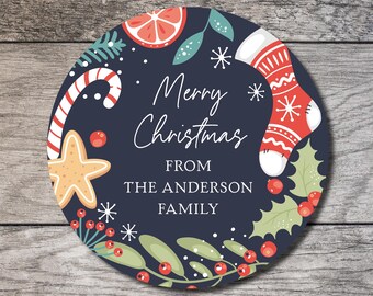 Christmas Gift Tag Label Holiday Wreath Sticker Personalized Circle Label Custom Digital or Printed Gift Label Holly Stocking Candy Cane