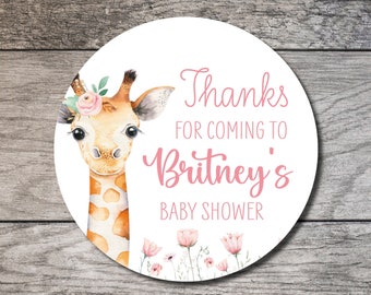 Giraffe Favor Stickers, Personalized Circle Label, Pink Girl Baby Shower Favor Label, Custom Digital or Printed Thank You, Birthday Sticker