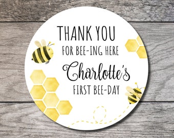 Honey Bee Birthday Favor Stickers, Bumble Bee Personalized Circle Label, 1st Bee-Day Label, Custom Digital or Printed Thank You