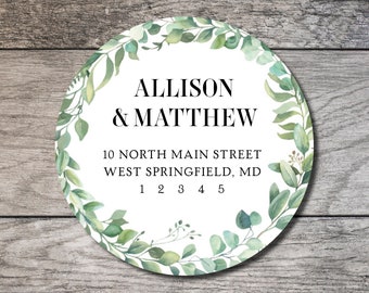 Eucalyptus Return Address Labels #001 Watercolor Greenery Label Personalized Circle Label Custom Digital or Printed Elegant Green Branches