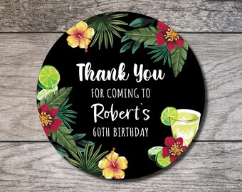 Margarita Favor Stickers 006, Margarita Party Circle Label, Tropical 60th Birthday Favor Label Custom Digital Printed Thank You Sticker 65th