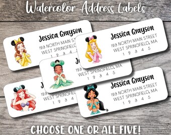 Disney Princesses Return Address Labels, Personalized Address Sticker, Custom Digital or Printed, Princess Belle Ariel Jasmine Aurora Tiana