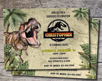 May include: A Jurassic Park themed birthday invitation with a green dinosaur illustration and the text "JOIN US FOR A JURASSIC CELEBRATION", "CHRISTOPHER IS TURNING EIGHT!" and "SATURDAY, DECEMBER 14 1:00PM - 3:00PM 123 SOUTH MAIN STREET WEST SPRINGFIELD, IA 12345 RSVP TO JESSICA 123-456-7890".