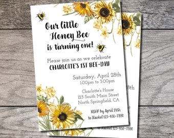 Honey Bee Birthday Invitation, Bumble Bee Birthday Invite, 1st Bee Day Party, Sweet as Honey Invites, Digital File or Printed, Hunny Bee-Day