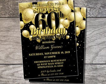 60th Surprise Birthday Invitation, Surprise Birthday Invite, 50th 65th 70th 75th 80th, Milestone Surprise Birthday, Gold and Black Balloons