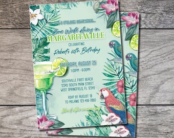 Margarita Invitation 005, Margarita 60th Birthday Invite, Pool Party, Cookout Birthday Invites Printable Printed Parrot 50th 65th Tropical