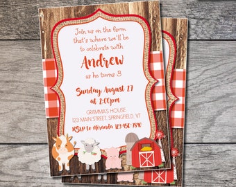 Petting Zoo Birthday Invitation, Farm Birthday Invitation, Barnyard Invite, Farm 3rd Birthday Invite, 3 Year Old, Red Farm Barn Invitation