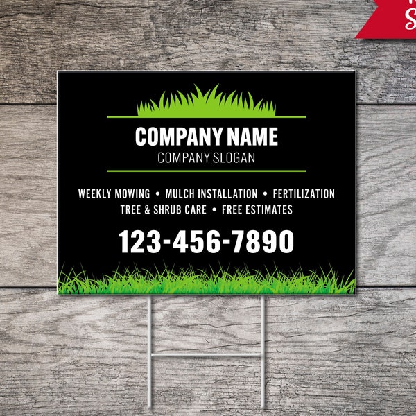 Lawn Care Yard Sign, 18"x24" Coroplast Sign with Metal H-Stake, Landscaping Sign with Step-Stake, Double Sided Sign, Digital File or Printed