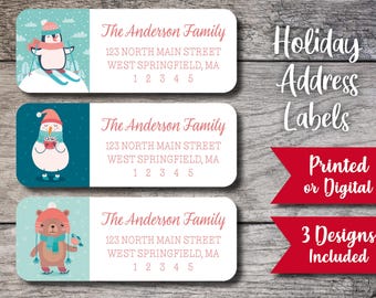 Woodland Animal Return Address Label, Custom Christmas Personalized Label, Digital or Printed, Holiday Winter Penguin Snowman Bear Sticker