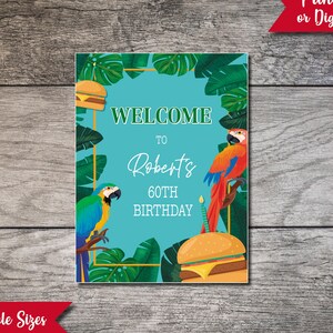 May include: Welcome to Robert's 60th Birthday party sign with tropical leaves, parrots, and a burger. The sign is on a blue background with a gold frame.