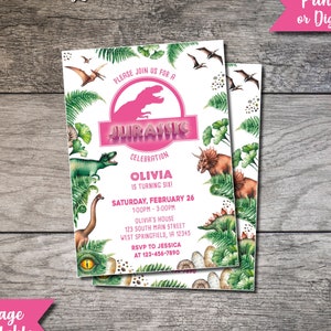 Jurassic Birthday Invitation Jurassic Birthday Party Invite Girl Pink Birthday Dinosaur Dino Party Digital Printed Raptor T-Rex 5th 6th