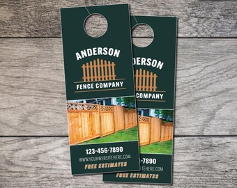 May include: Green door hanger with a white hole at the top. The hanger has a brown fence design with the text "Anderson Fence Company" and a phone number and website address. The text "Free Estimates" is also included.