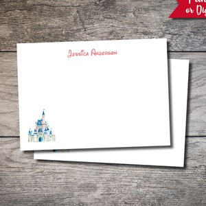 May include: White stationery with a watercolor illustration of a castle in blue and pink. The name "Jessica Anderson" is printed in red. The text "Printed or Digital" is in a red banner.