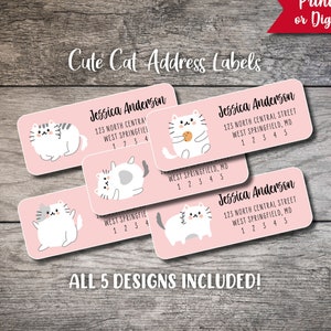 Cute Cat Return Address Labels 008, Pink and White Cats Personalized Address Label, Printed Custom Sheet Kitten Sticker Kitty Cat Owner Gift