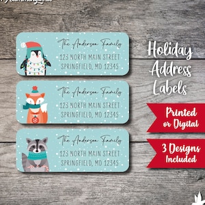 Woodland Animal Return Address Labels, Christmas Label, Personalized Address Label, Custom Label Sheet, Digital Printed, Holiday Winter Fox