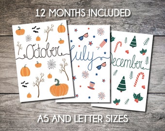 12 Monthly Cover Pages, A5 Journal Pages, Monthly Planner Cover Page, Printable Month Title Page Template, Monthly Title Pages Download