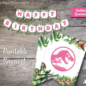 Jurassic World Birthday Banner Pink Jurassic Park Banner Happy Birthday Party Dinosaur Birthday Girl Instant Download Printable Party Sign