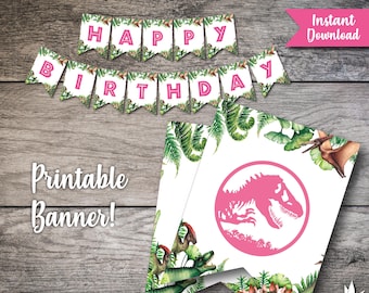 Jurassic World Birthday Banner Pink Jurassic Park Banner Happy Birthday Party Dinosaur Birthday Girl Instant Download Printable Party Sign