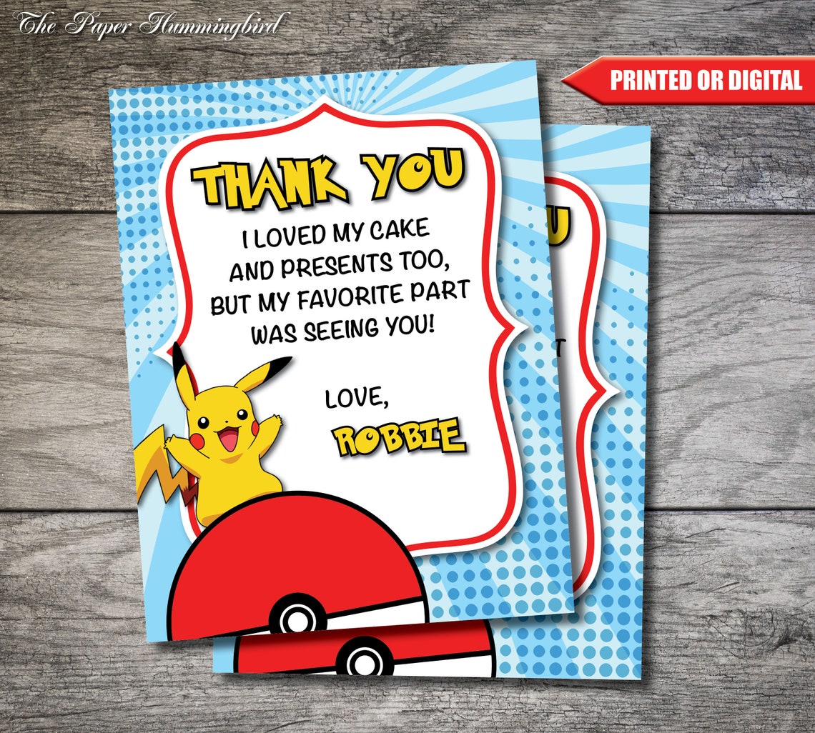Pokemon Birthday Thank You Card Pikachu Birthday Invite | Etsy