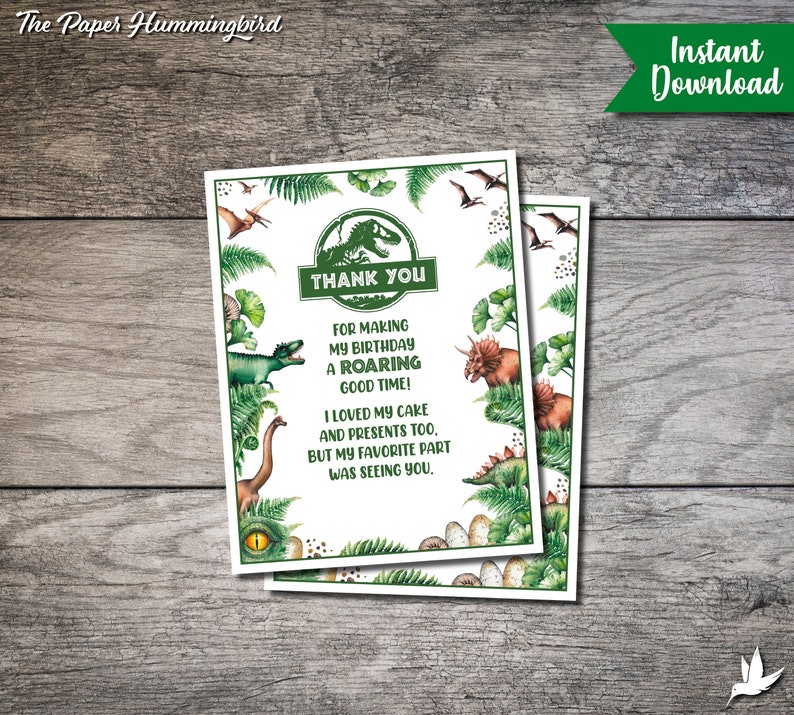 Jurassic World Birthday Thank You Card Jurassic Park Birthday - Etsy