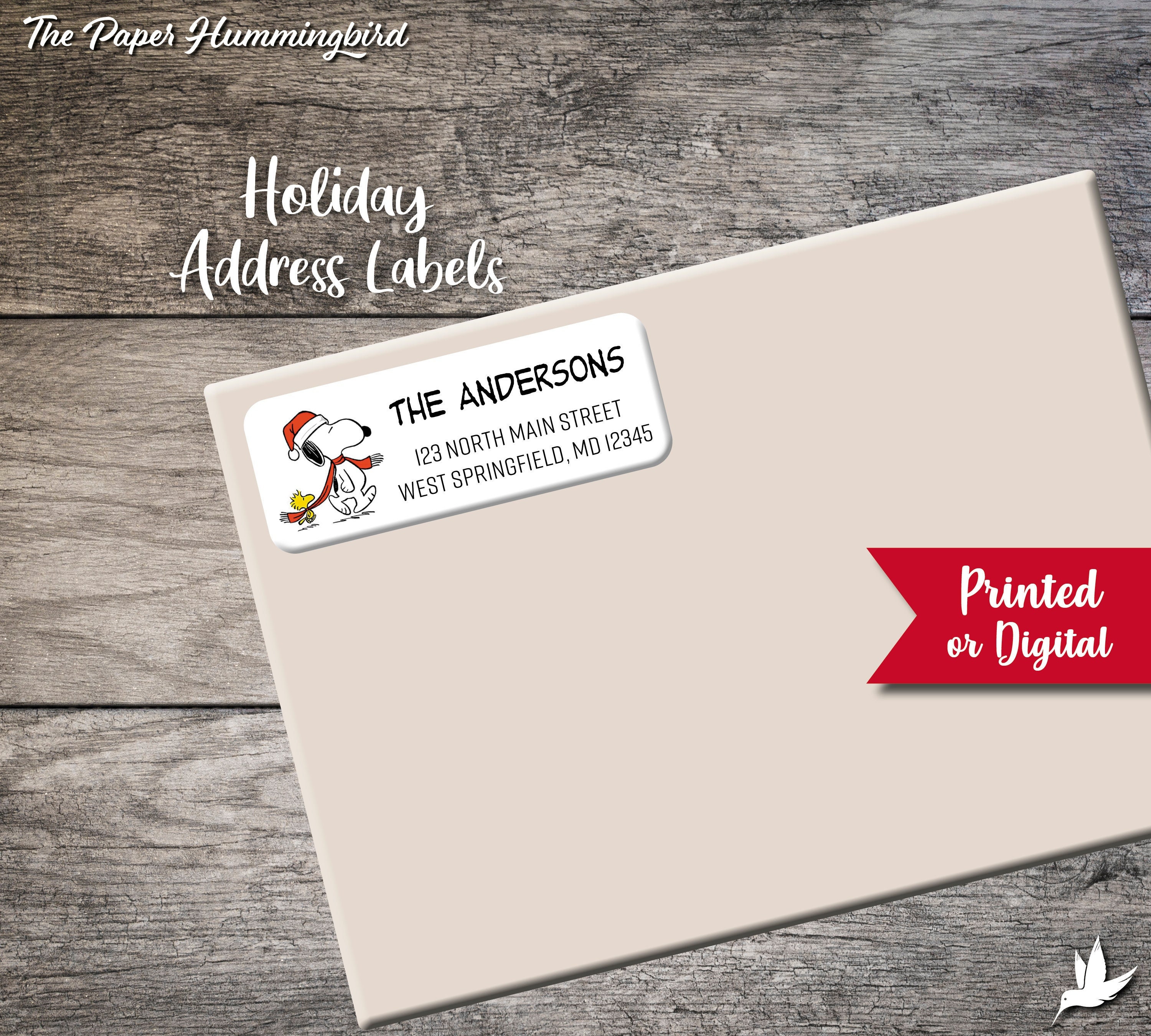 Christmas Snoopy Return Address Labels Peanuts Label Personalized Address Label Custom Digital Printed Holiday Charlie Brown We have moved