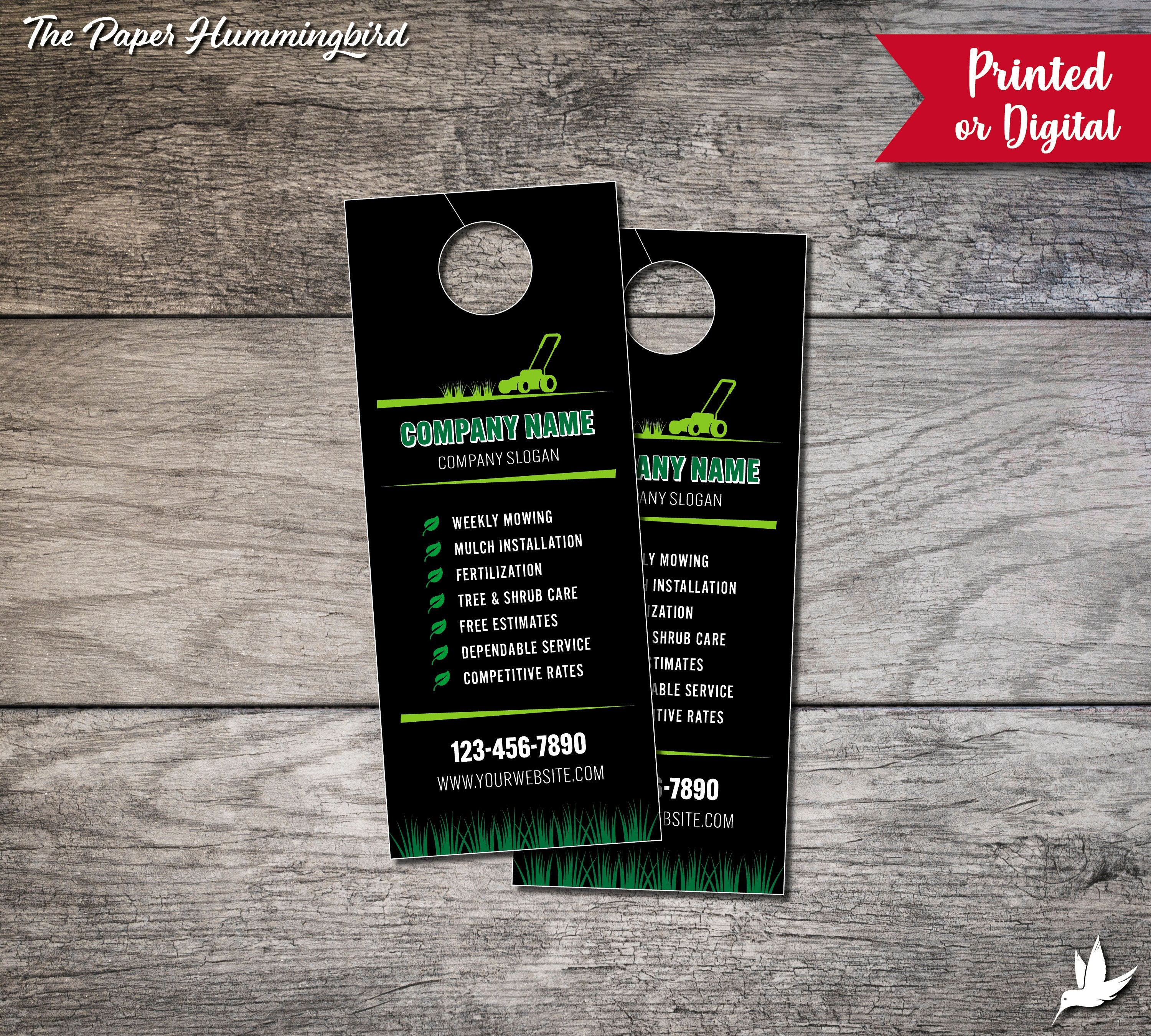 Lawn Care Door Hangers 002, Landscaping Card, Personalized Door Hanger, 3.5" by 8.5" Business Hanger, Full Color Tag Digital File or Printed