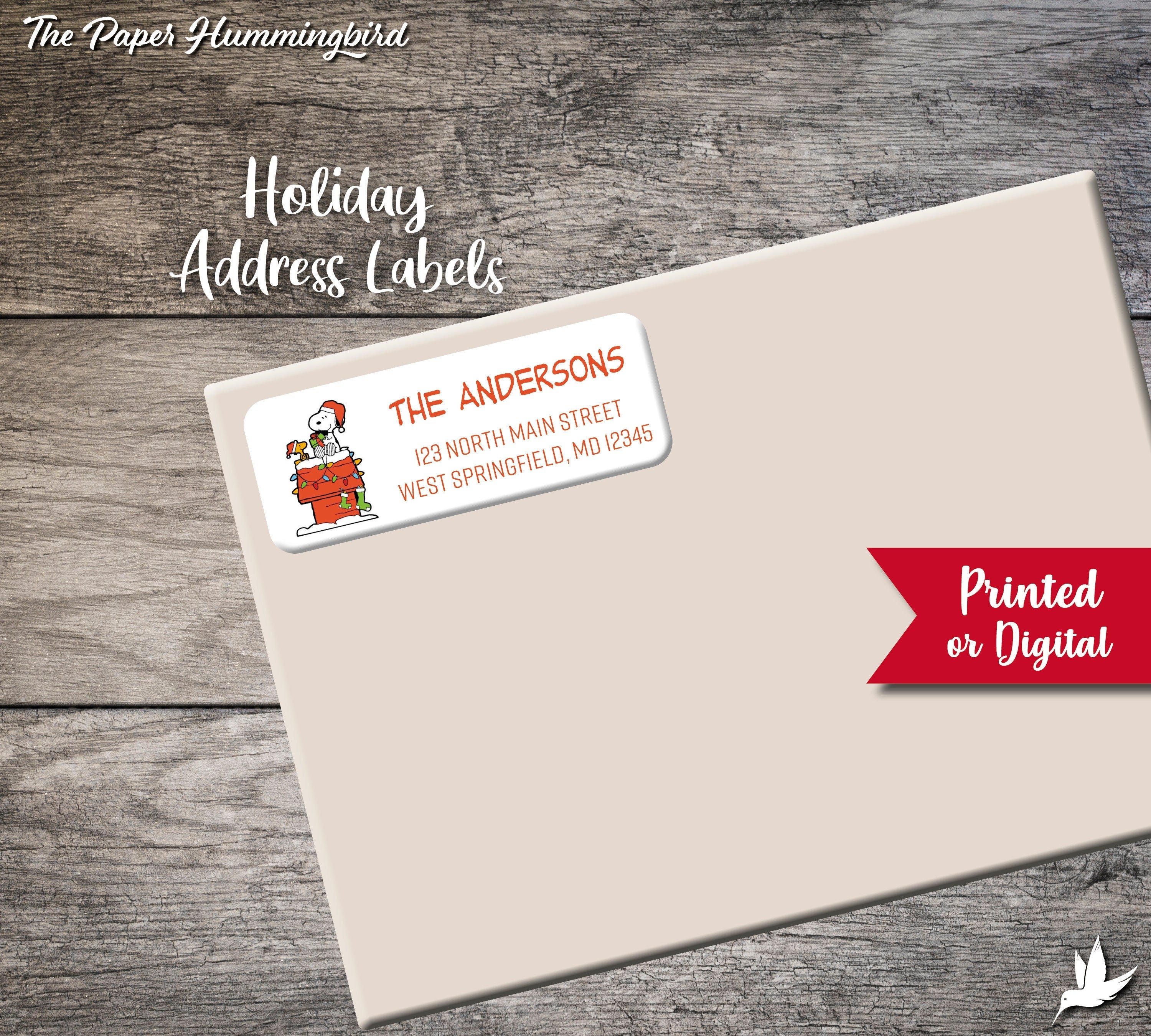 Christmas Snoopy Return Address Labels Peanuts Label Personalized Address Label Custom Digital Printed Holiday Charlie Brown We have moved