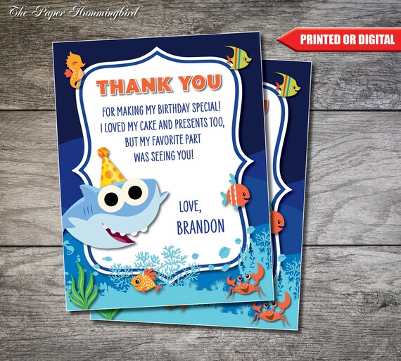 Baby Shark Birthday Thank You Card Baby Shark Birthday Invite Baby Shark Party Baby Shark Doo