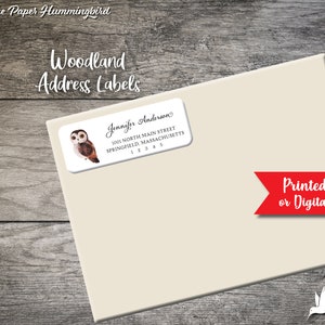May include: Woodland address labels with a brown owl illustration. The label says "Jennifer Anderson, 1001 North Main Street, Springfield, Massachusetts 12345".