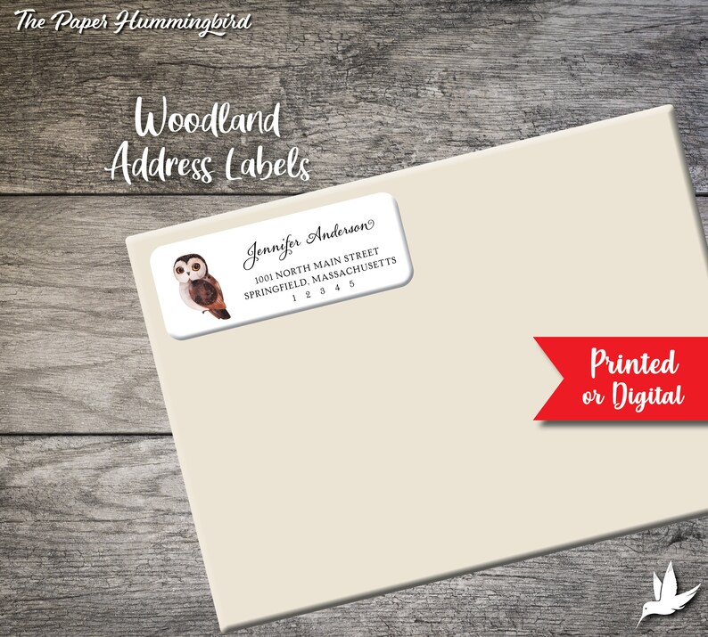 May include: Woodland address labels with a brown owl illustration. The label says "Jennifer Anderson, 1001 North Main Street, Springfield, Massachusetts 12345".