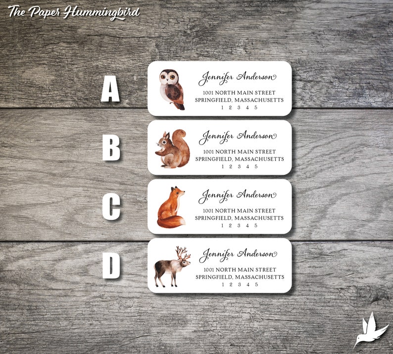 May include: Four different return address labels with woodland animal illustrations. The labels feature an owl, a squirrel, a fox, and a reindeer. Each label has the text "Jennifer Anderson", "1001 North Main Street", "Springfield, Massachusetts", and "1 2 3 4 5".