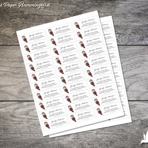 May include: A sheet of 24 address labels featuring a watercolor illustration of an owl. The labels are white with black text and are designed for use with a standard label printer. The text on the labels reads "Jennifer Anderson, 505 North Main Street, Springfield, Massachusetts 01104".