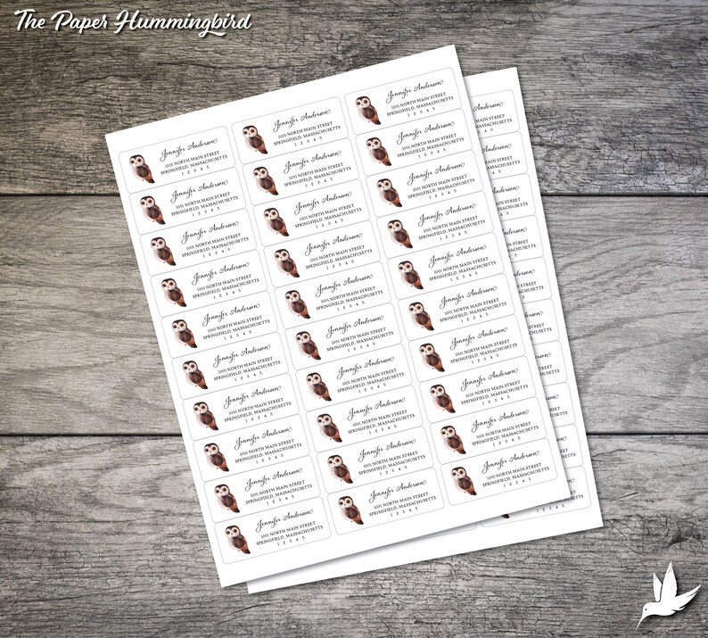 May include: A sheet of 24 address labels featuring a watercolor illustration of an owl. The labels are white with black text and are designed for use with a standard label printer. The text on the labels reads "Jennifer Anderson, 505 North Main Street, Springfield, Massachusetts 01104".
