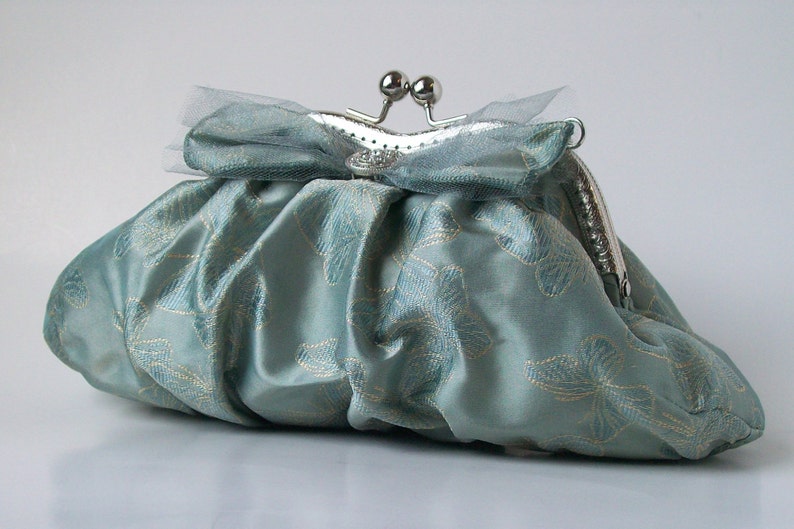 Lily D. Blue Silk Evening Clutch with Butterfly Motif Butterfly Clutch
