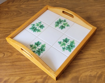 Wood and Ceramic Tile Tray, Vintage Handcrafted Large Serving Tray