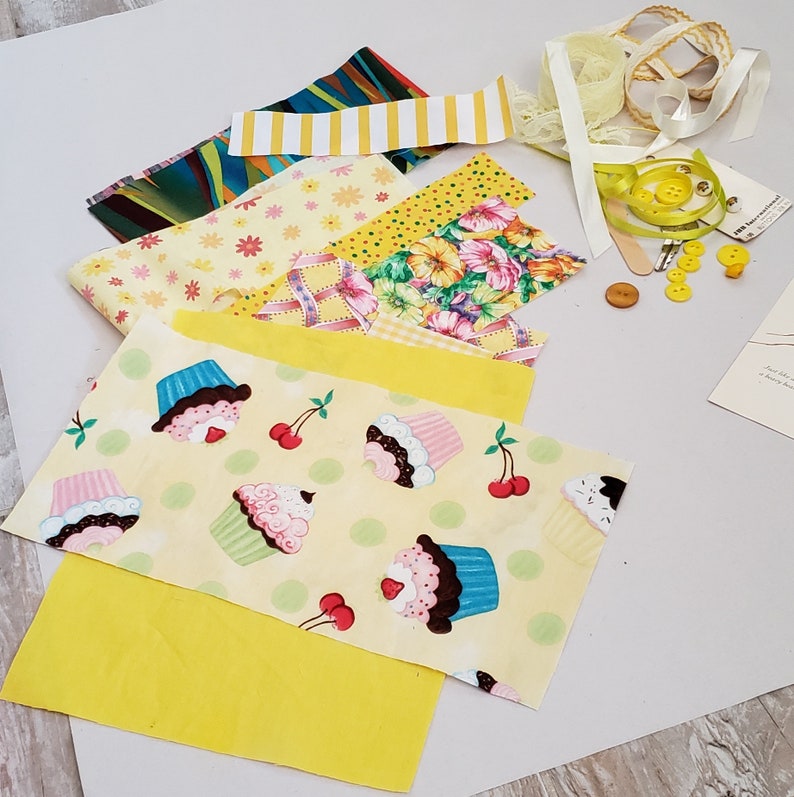 Junk Journaling Supplies Vintage Photo Yellow Fabric and Lace Scraps