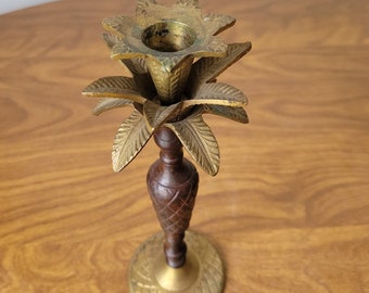 Brass and Wood Candlestick Holder, Tropical Palm Tree Décor