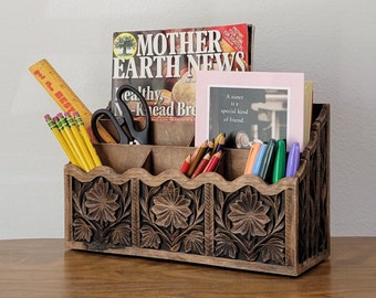 Desktop Sectioned Organizer, Faux Wood Vintage Letter Caddy