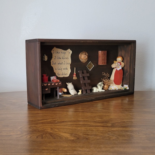 Country Kitchen Diorama Scene, Vintage Wall Hung Shadow Box with Cat, Dog, Mouse, Table, Feed Sack and more