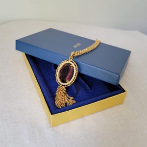 Necklace Faux Amethyst and Seed Pearl Pendant with Tassel Vintage Avon 1972