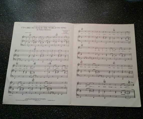 Teach The World To Sing Sheet Music Vintage Chord Music Etsy